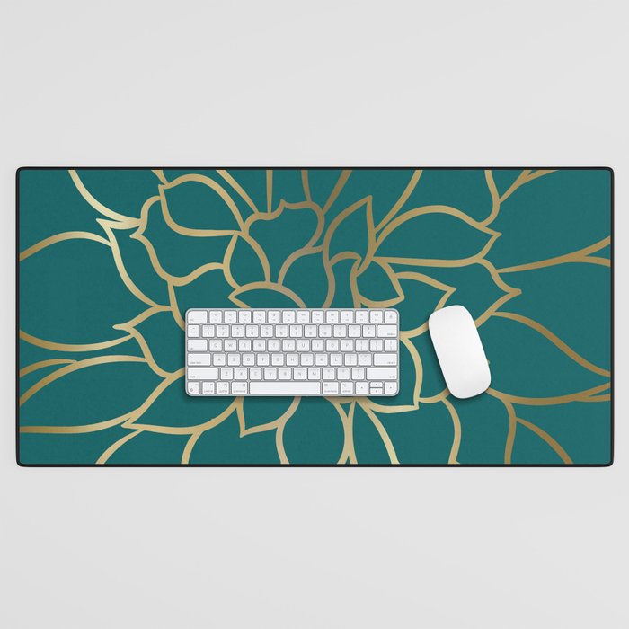 Festive, Flower Bloom, Teal Green and Gold Desk Mat Gallery Image 1