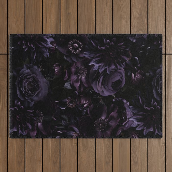 Vintage Black Dramatic Glamour Autumn Romanticism: Maximalism Moody Florals - Grand Millennial Midnight purple Roses Black Bouquets and Nostalgic Gothic Mystic Flowers Outdoor Rug Gallery Image 1