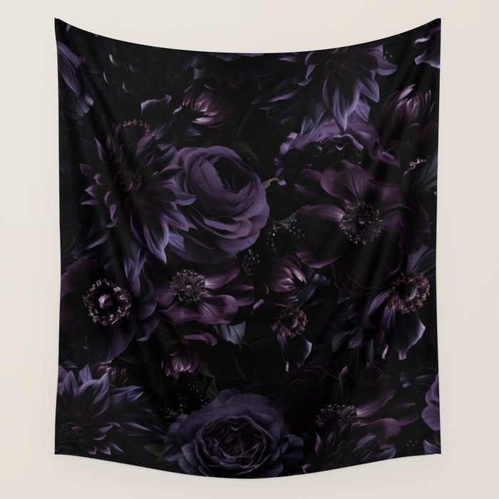 Vintage Black Dramatic Glamour Autumn Romanticism: Maximalism Moody Florals - Grand Millennial Midnight purple Roses Black Bouquets and Nostalgic Gothic Mystic Flowers Wall Tapestry Gallery Image 4