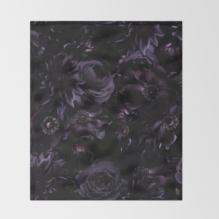 Vintage Black Dramatic Glamour Autumn Romanticism: Maximalism Moody Florals - Grand Millennial Midnight purple Roses Black Bouquets and Nostalgic Gothic Mystic Flowers Throw Blanket Gallery Image 2