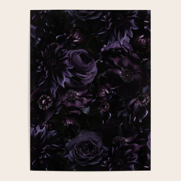 Vintage Black Dramatic Glamour Autumn Romanticism: Maximalism Moody Florals - Grand Millennial Midnight purple Roses Black Bouquets and Nostalgic Gothic Mystic Flowers Poster Gallery Image 1