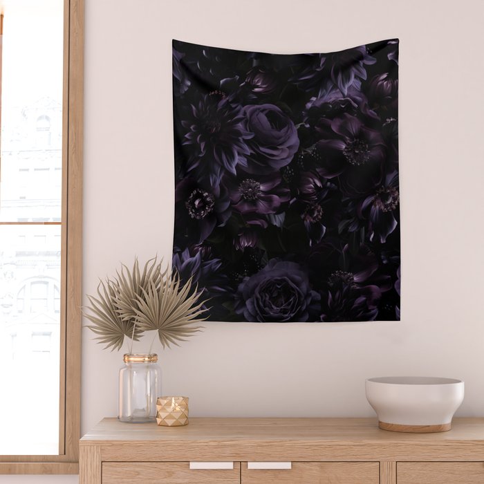 Vintage Black Dramatic Glamour Autumn Romanticism: Maximalism Moody Florals - Grand Millennial Midnight purple Roses Black Bouquets and Nostalgic Gothic Mystic Flowers Wall Tapestry Gallery Image 2