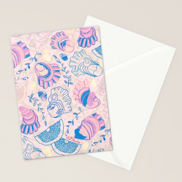 Coastal Oysters on the Beach in Pastel Pink & Blue Stationery Card Gallery Image 2