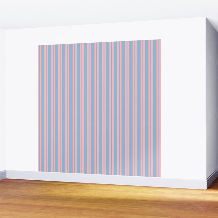 Pastel Pink and Light Blue Classic Double Stripe Vertical Pattern Wall Mural Gallery Image 2