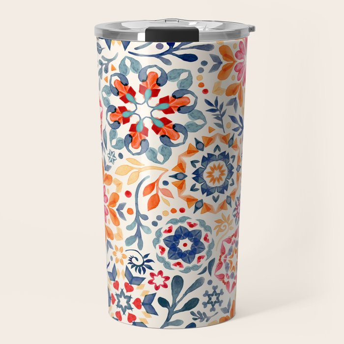 Watercolor Kaleidoscope Floral - desaturated Travel Mug Gallery Image 1