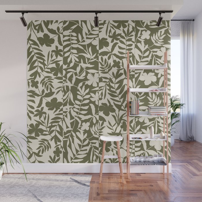 Reverse Floral Olive Green Wall Mural Gallery Image 1