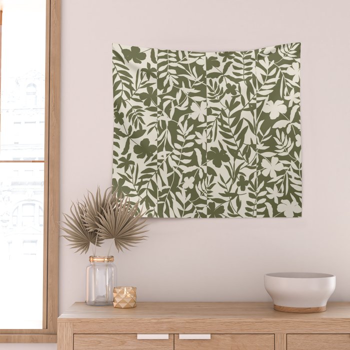 Reverse Floral Olive Green Wall Tapestry Gallery Image 2