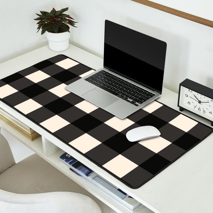 Large Gingham Check Pattern in Black and Almond Cream Desk Mat Gallery Image 2