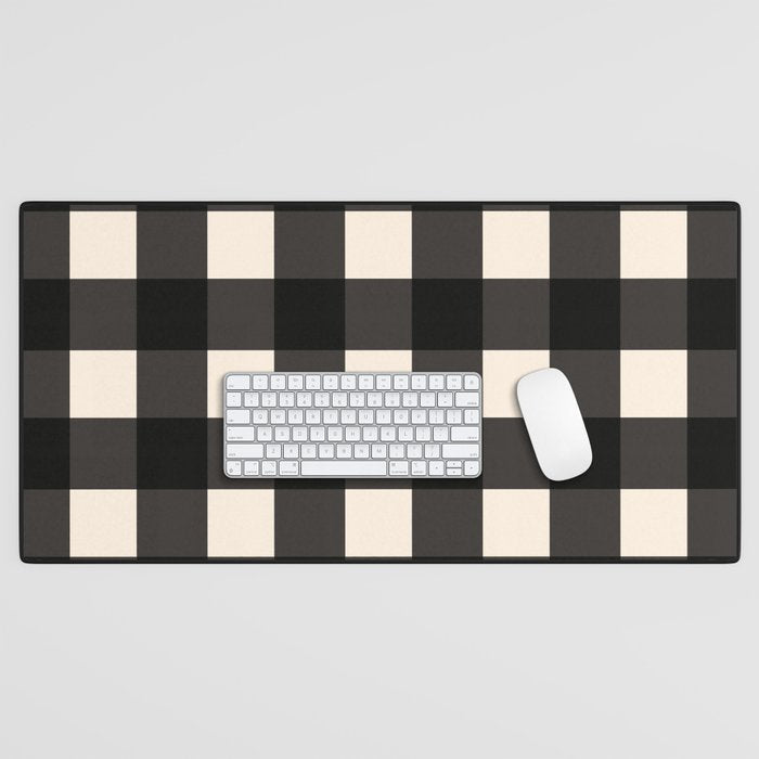 Large Gingham Check Pattern in Black and Almond Cream Desk Mat Gallery Image 1