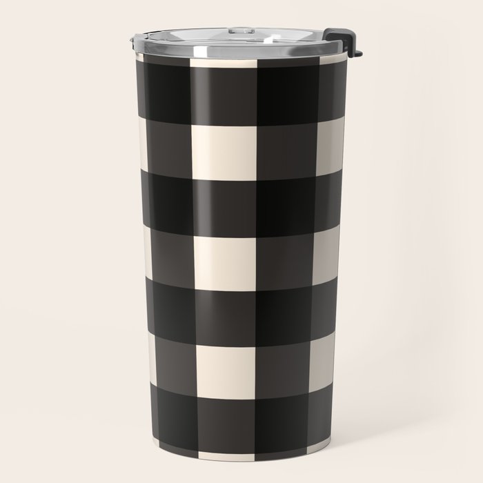 Large Gingham Check Pattern in Black and Almond Cream Travel Mug Gallery Image 2