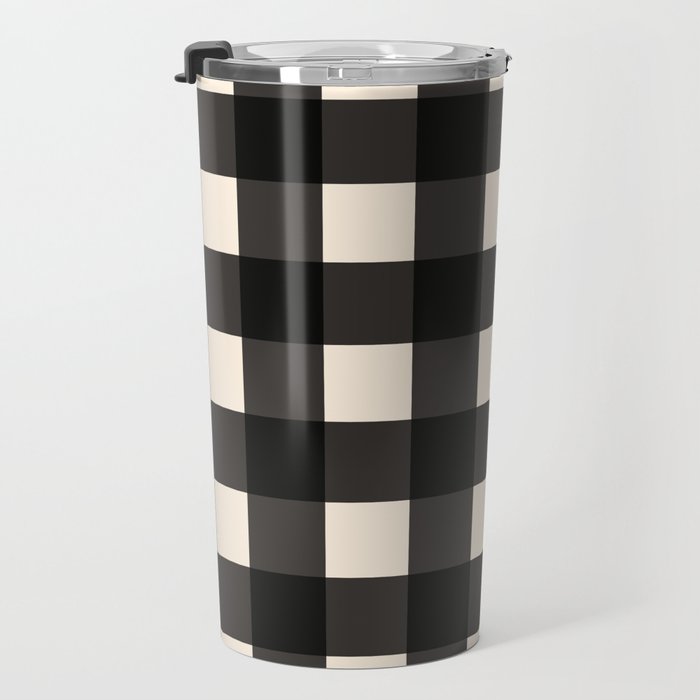 Large Gingham Check Pattern in Black and Almond Cream Travel Mug Gallery Image 3