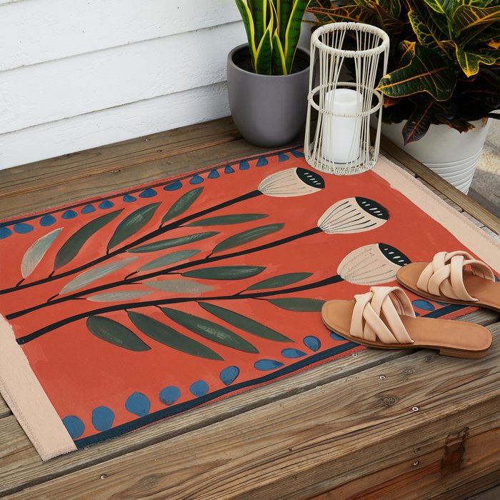 Terracotta Poppy Pod Folk Art Outdoor Rug Gallery Image 2
