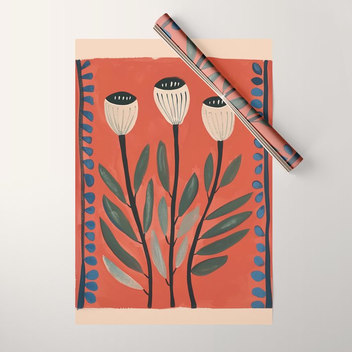 Terracotta Poppy Pod Folk Art Wrapping Paper Gallery Image 1