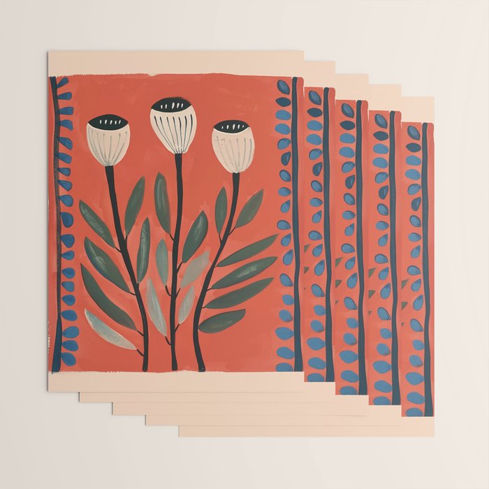 Terracotta Poppy Pod Folk Art Wrapping Paper Gallery Image 3