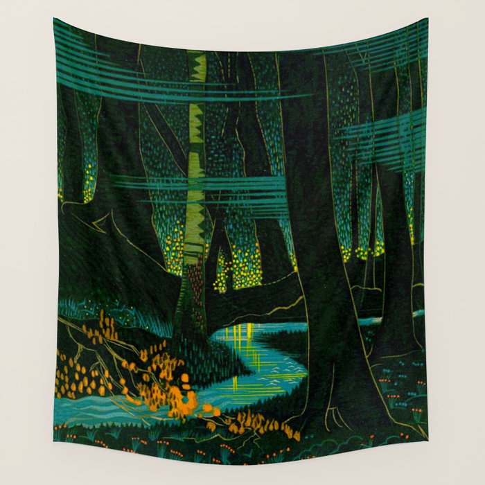 Magical Dark Fantasy Forest Woodblock Wall Tapestry Gallery Image 1
