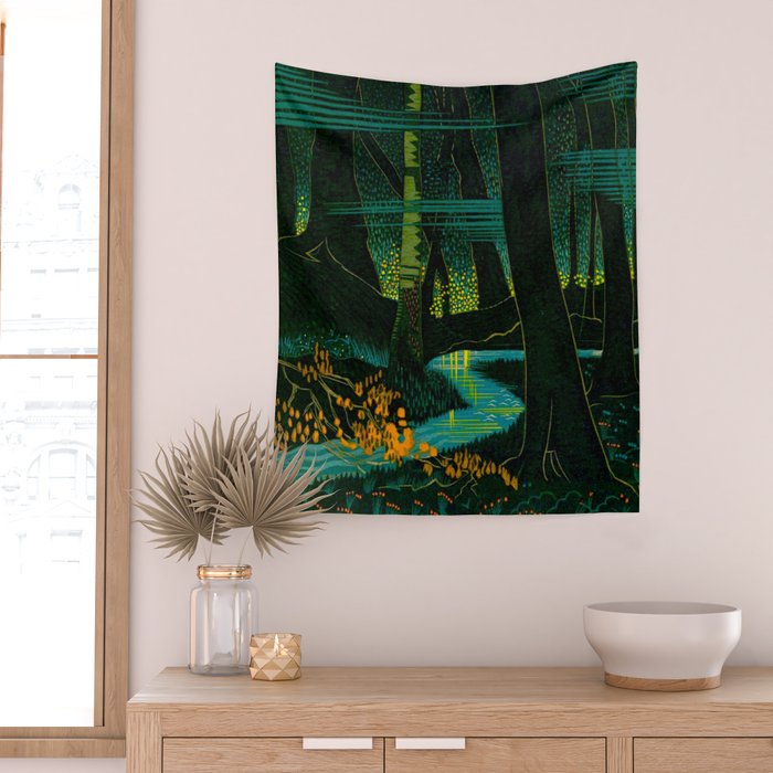 Magical Dark Fantasy Forest Woodblock Wall Tapestry Gallery Image 2