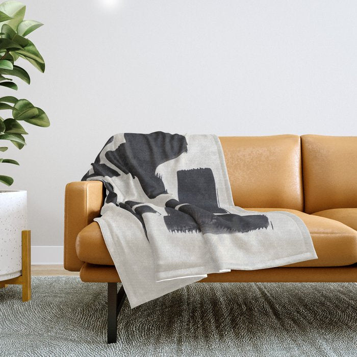 Mid Century Modern Minimalist Abstract Art Brush Strokes Black & White Ink Art Shapes Throw Blanket Gallery Image 1
