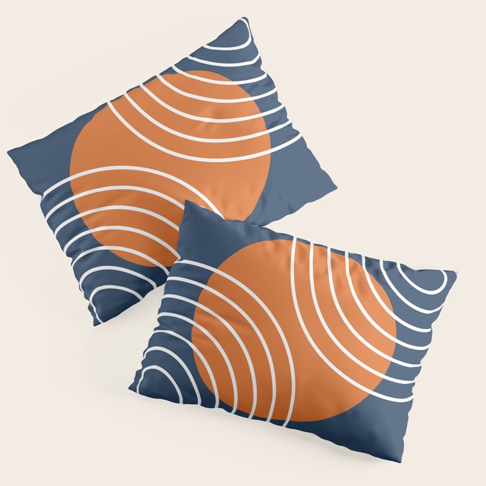 Mid Century Modern Geometric 133 in Navy Blue and vintage orange (Sun and Rainbow Abstract) Pillow Sham Gallery Image 3