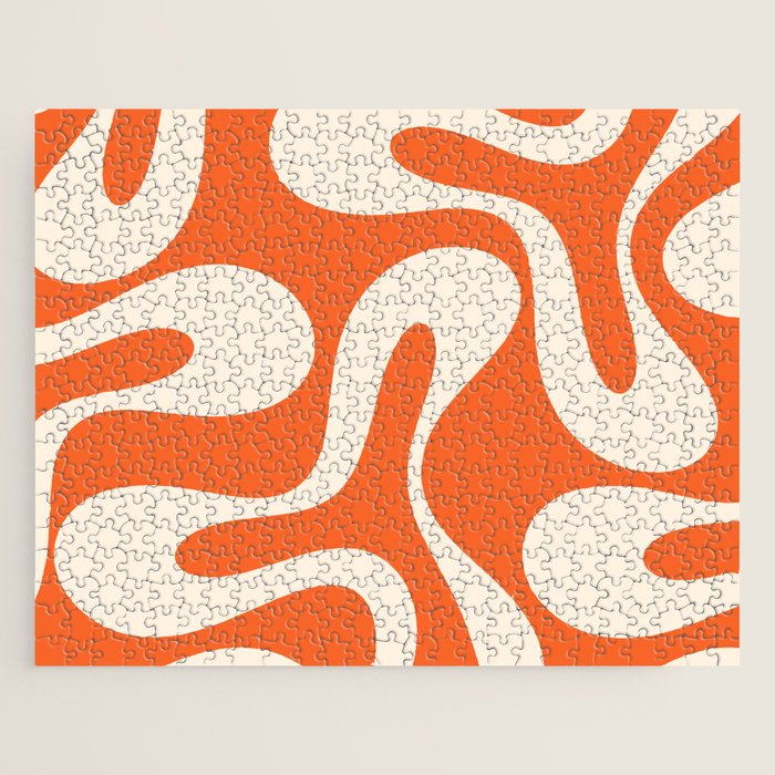 Soft Curves Retro Modern Abstract Pattern in Orange and Cream Jigsaw Puzzle