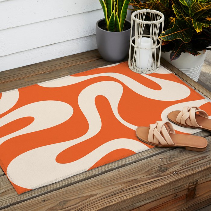 Soft Curves Retro Modern Abstract Pattern in Orange and Cream Outdoor Rug Gallery Image 2