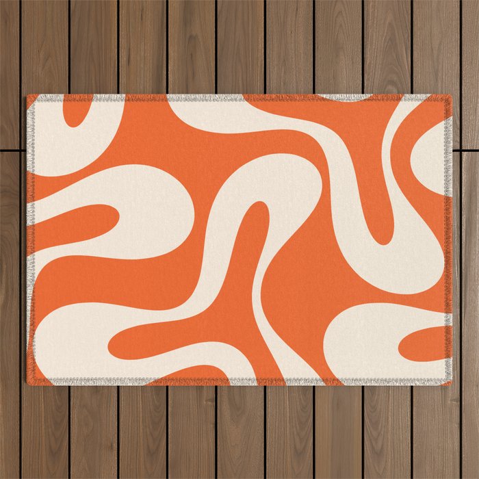Soft Curves Retro Modern Abstract Pattern in Orange and Cream Outdoor Rug Gallery Image 1