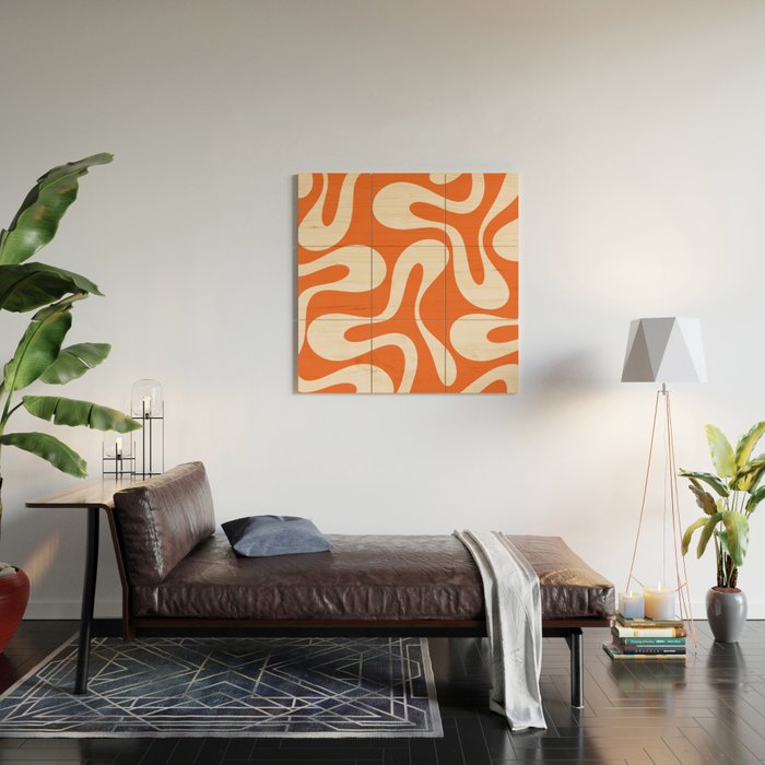 Soft Curves Retro Modern Abstract Pattern in Orange and Cream Wood Wall Art Gallery Image 2