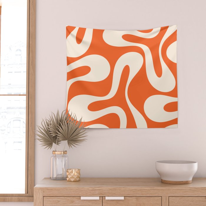 Soft Curves Retro Modern Abstract Pattern in Orange and Cream Wall Tapestry Gallery Image 2