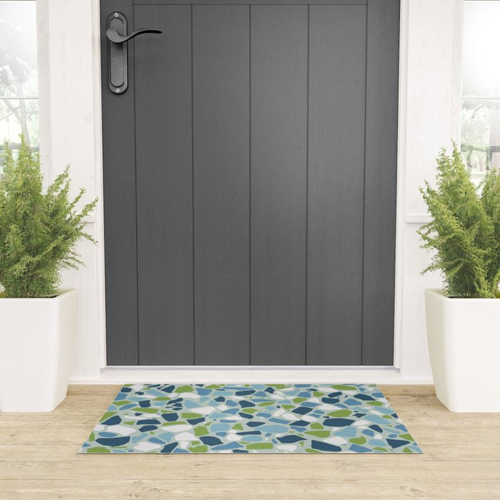 Terrazzo Mosaic Pattern, Teal Blue, Green, White Welcome Mat Gallery Image 3
