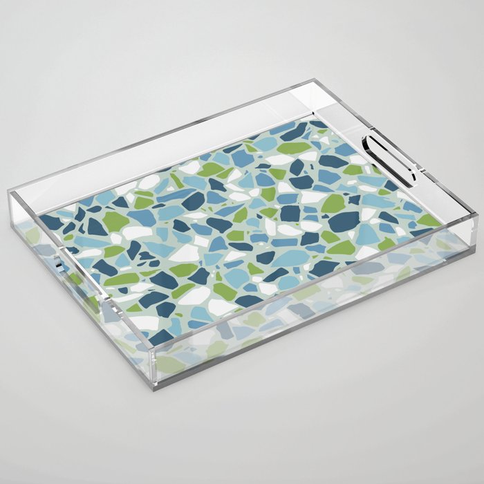 Terrazzo Mosaic Pattern, Teal Blue, Green, White Acrylic Tray Gallery Image 1