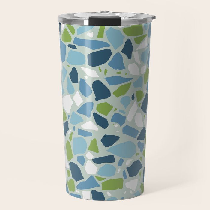 Terrazzo Mosaic Pattern, Teal Blue, Green, White Travel Mug Gallery Image 1