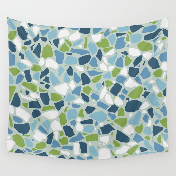 Terrazzo Mosaic Pattern, Teal Blue, Green, White Wall Tapestry Gallery Image 4