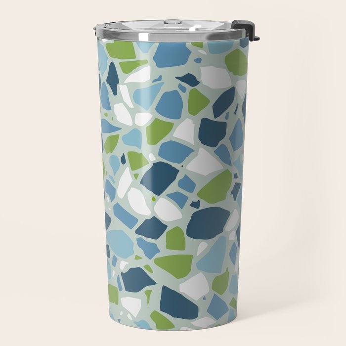 Terrazzo Mosaic Pattern, Teal Blue, Green, White Travel Mug Gallery Image 2