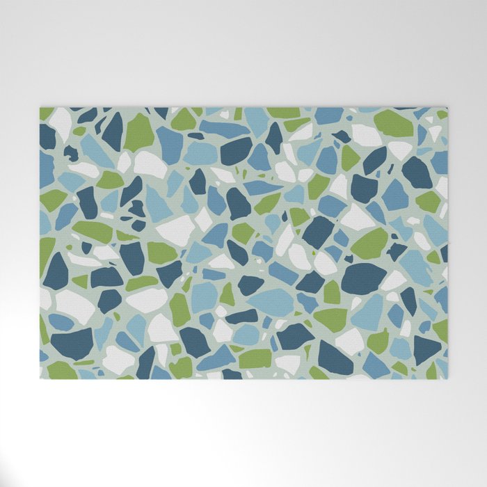 Terrazzo Mosaic Pattern, Teal Blue, Green, White Welcome Mat Gallery Image 1