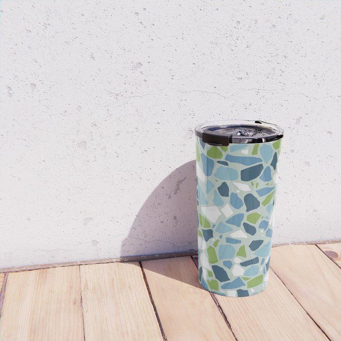 Terrazzo Mosaic Pattern, Teal Blue, Green, White Travel Mug Gallery Image 4