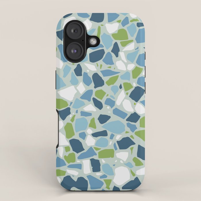 Terrazzo Mosaic Pattern, Teal Blue, Green, White iPhone Case Gallery Image 1