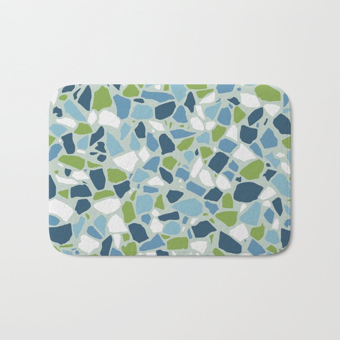 Terrazzo Mosaic Pattern, Teal Blue, Green, White Bath Mat Gallery Image 1