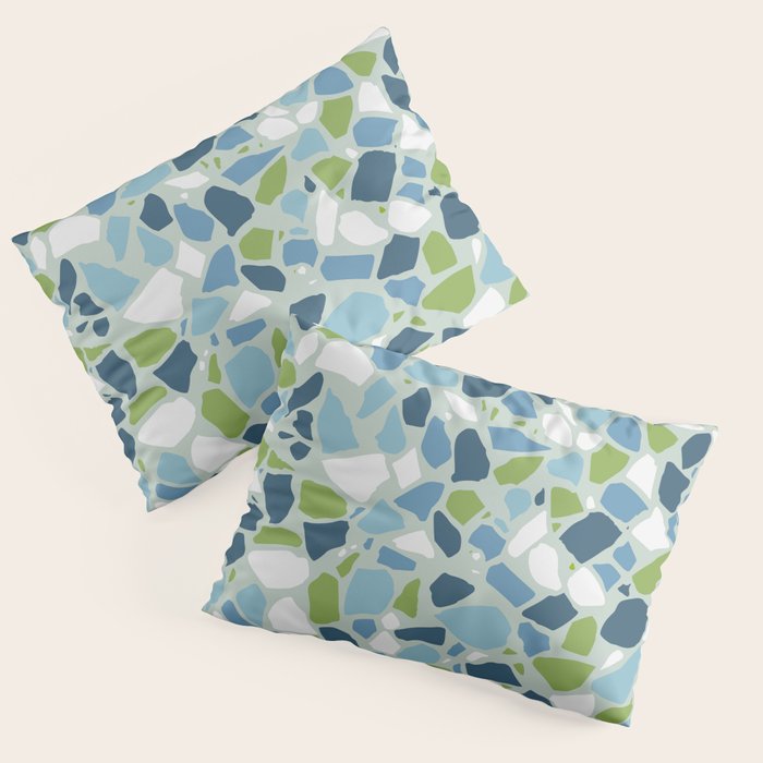 Terrazzo Mosaic Pattern, Teal Blue, Green, White Pillow Sham Gallery Image 1