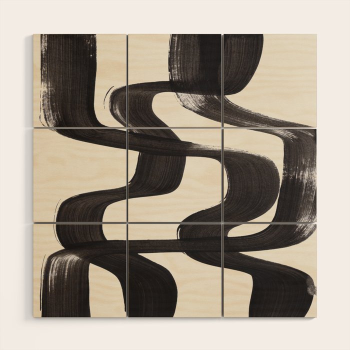 Mid Century Modern Minimalist Abstract Art Brush Strokes Black & White Ink Art Ripple Lines Wood Wall Art Gallery Image 1