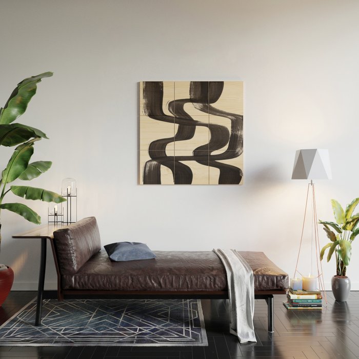 Mid Century Modern Minimalist Abstract Art Brush Strokes Black & White Ink Art Ripple Lines Wood Wall Art Gallery Image 2