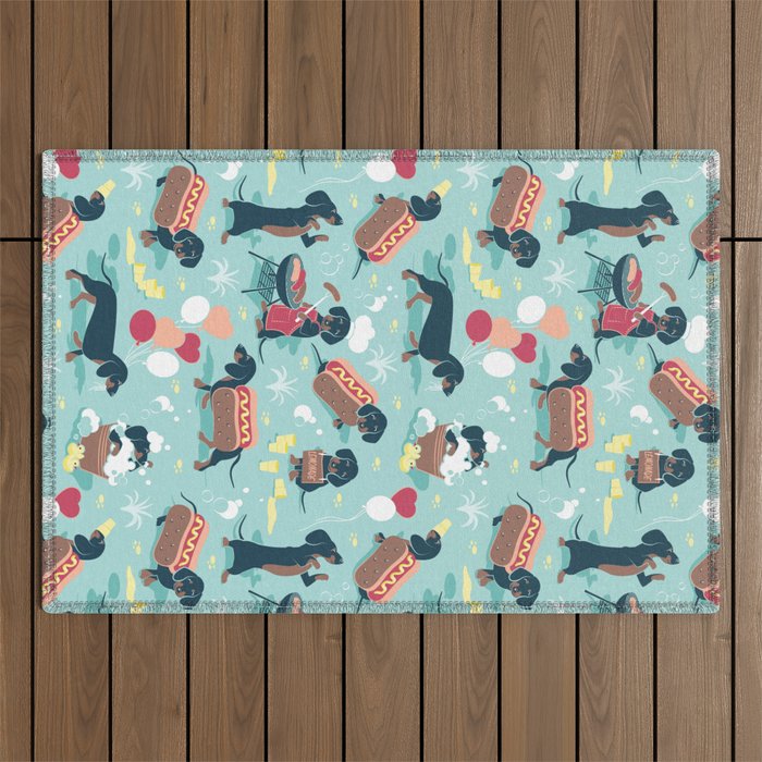 Hot dogs and lemonade // aqua background navy dachshunds Outdoor Rug Gallery Image 1