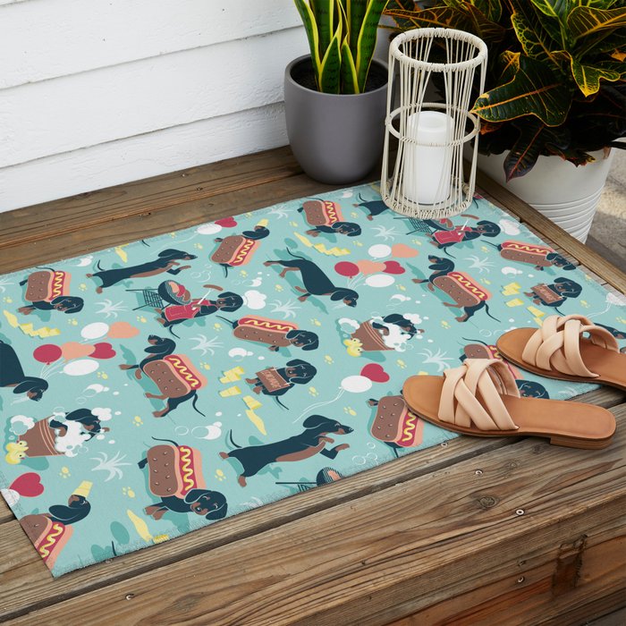 Hot dogs and lemonade // aqua background navy dachshunds Outdoor Rug Gallery Image 2