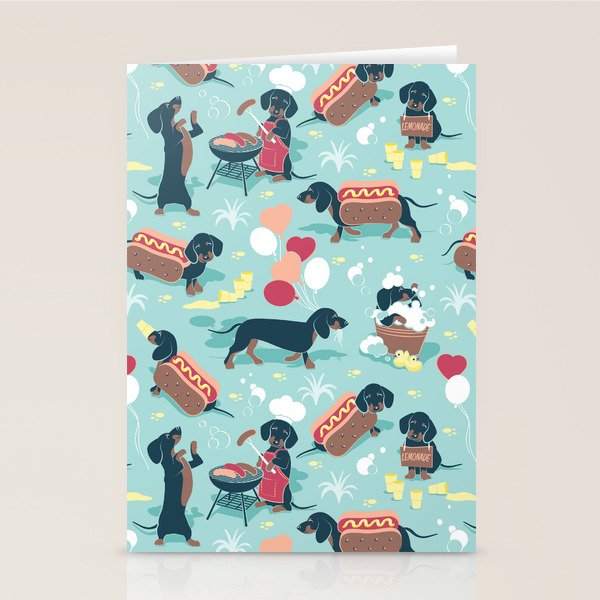 Hot dogs and lemonade // aqua background navy dachshunds Stationery Card Gallery Image 1