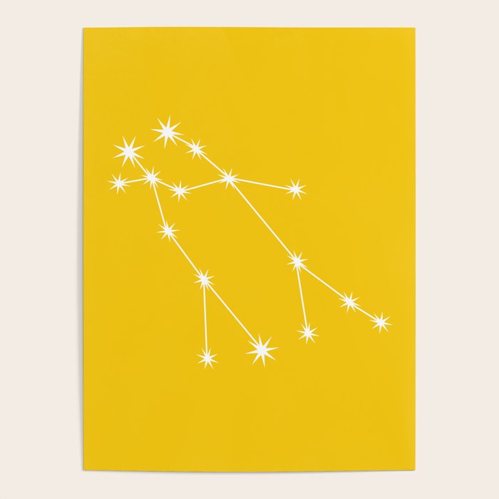 Gemini Zodiac Star Constellation Line Art Bright Yellow Poster Gallery Image 1