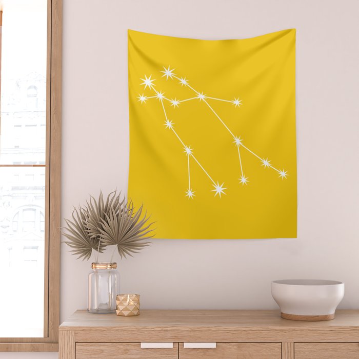 Gemini Zodiac Star Constellation Line Art Bright Yellow Wall Tapestry Gallery Image 2