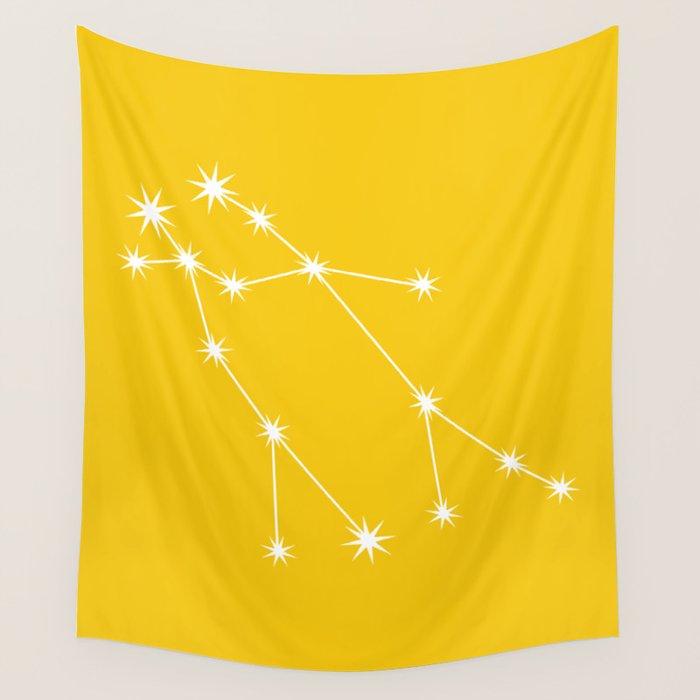 Gemini Zodiac Star Constellation Line Art Bright Yellow Wall Tapestry Gallery Image 1