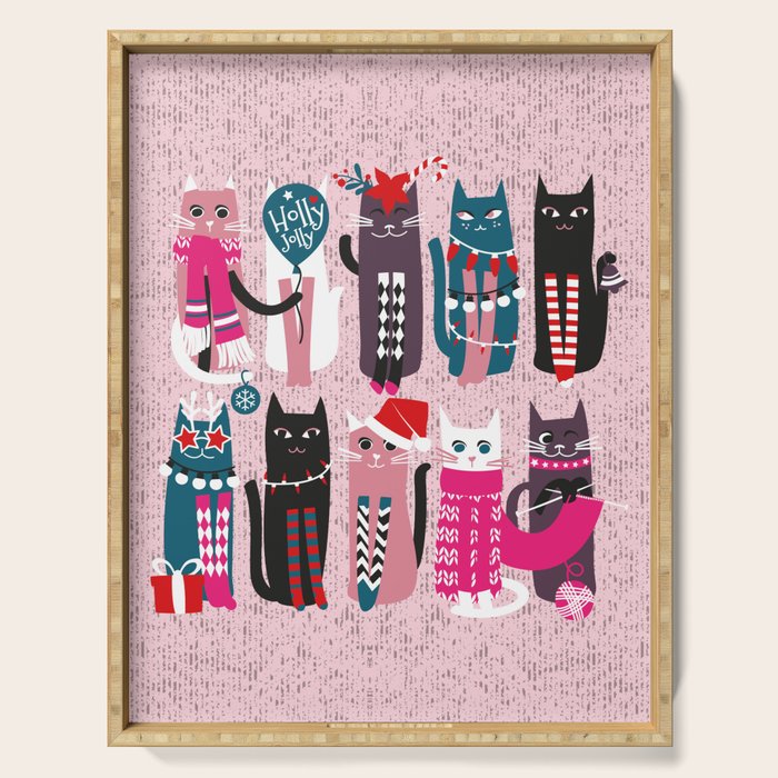 Feline Christmas vibes // pastel pink background green fuchsia pink white and black kittens Serving Tray Gallery Image 1