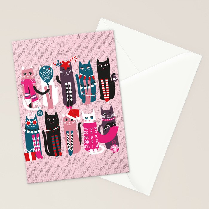 Feline Christmas vibes // pastel pink background green fuchsia pink white and black kittens Stationery Card Gallery Image 2