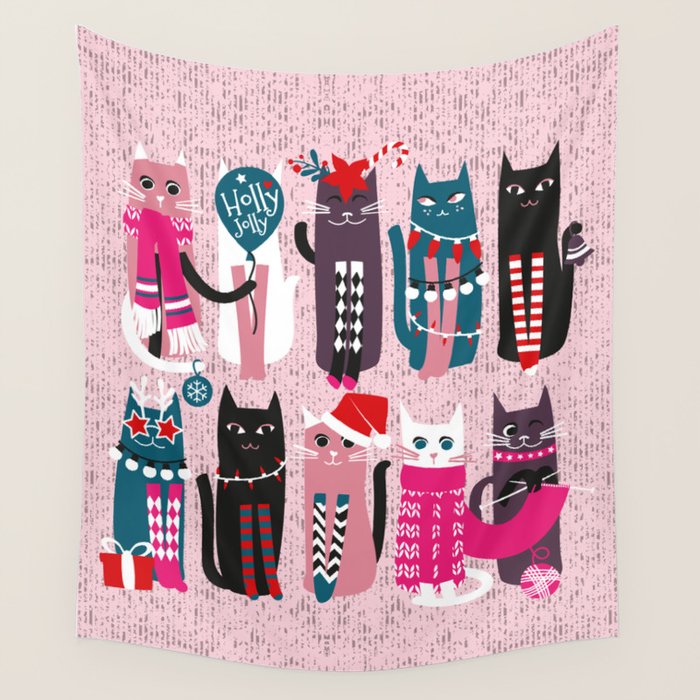 Feline Christmas vibes // pastel pink background green fuchsia pink white and black kittens Wall Tapestry Gallery Image 1