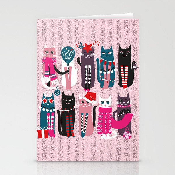 Feline Christmas vibes // pastel pink background green fuchsia pink white and black kittens Stationery Card Gallery Image 1