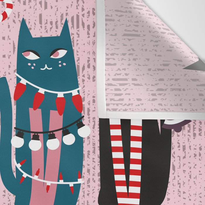 Feline Christmas vibes // pastel pink background green fuchsia pink white and black kittens Wall Tapestry Gallery Image 3